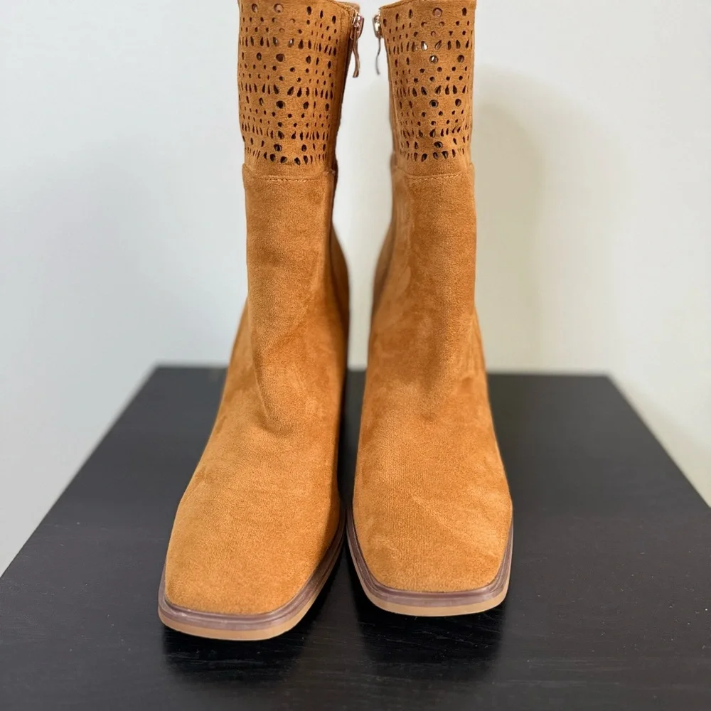 Camel Faux Suede Perforated Ankle Boots Stacked Heel Size 10